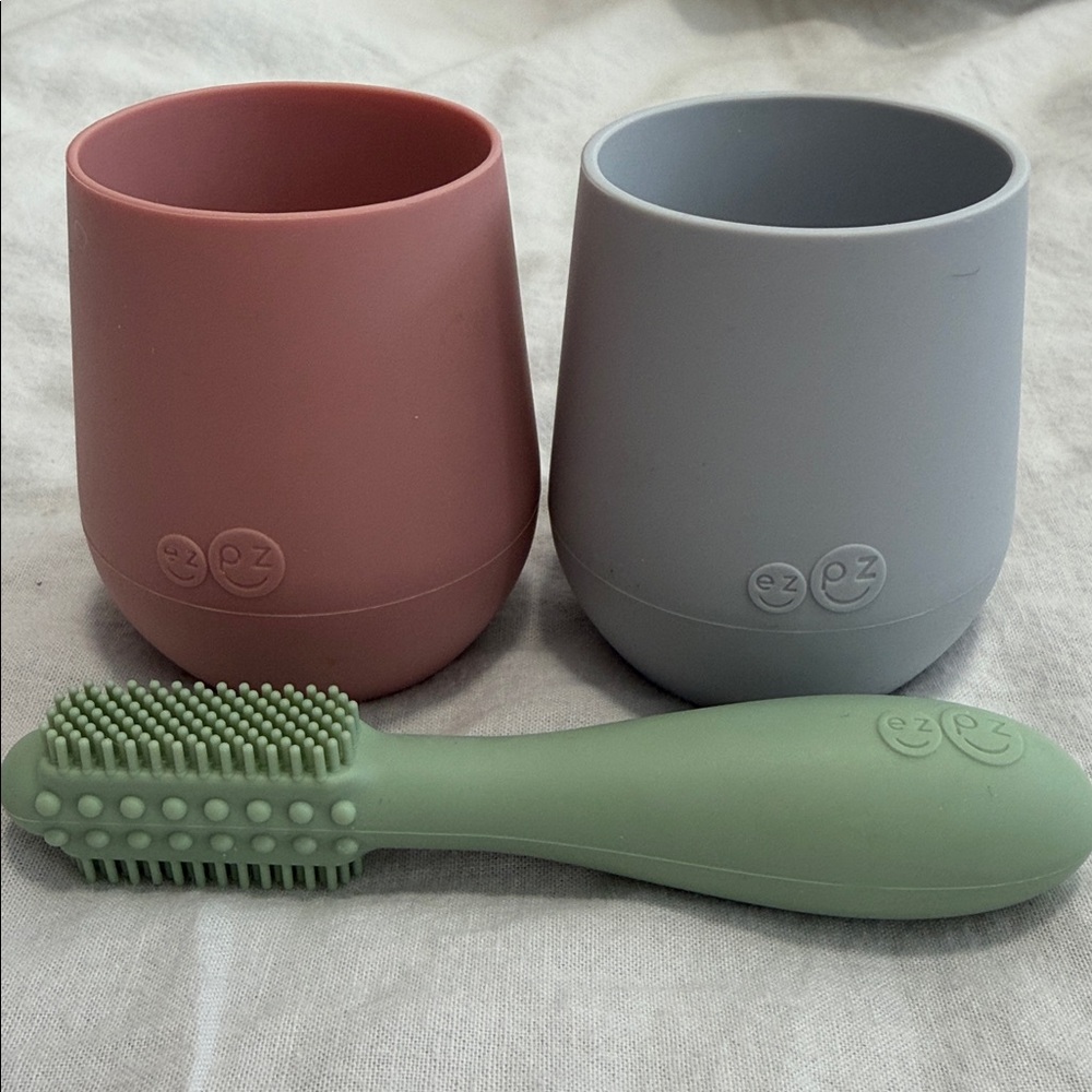 Ez pz Kids Cups & Toothbrush  - Pink, Gray & Green